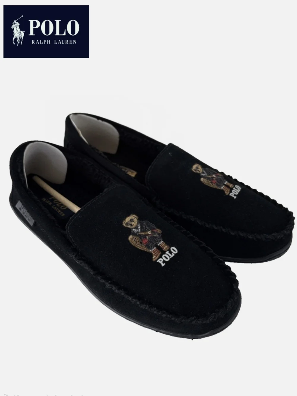 NWT Polo by Ralph Lauren Men's 9 Brenan Bear Embroidered Black Suede Loafers